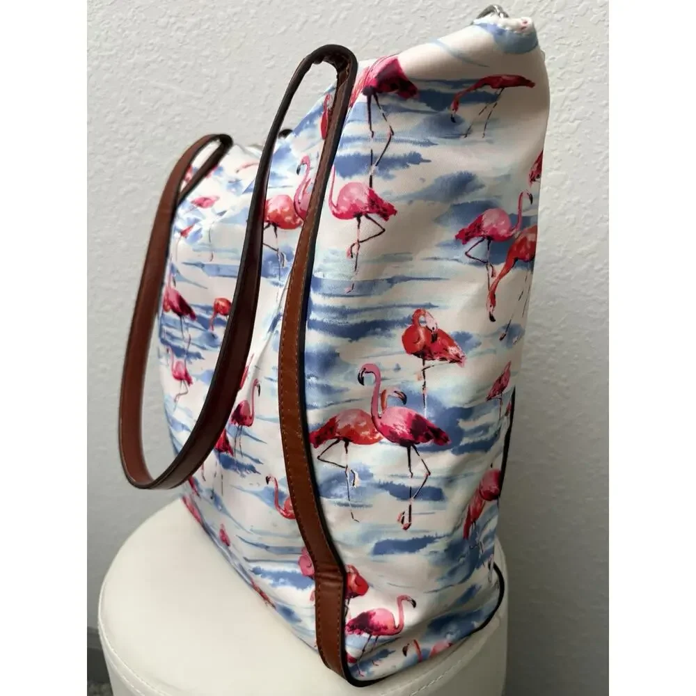 Tommy Bahama Flamingo Tote Bag Brown Faux Leather Straps Zip Top Beach Travel